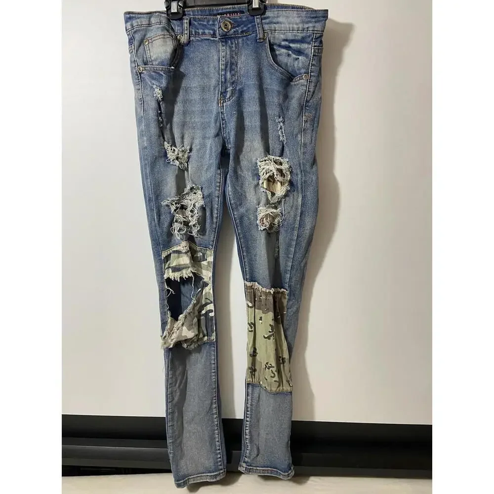 M.Society Men's Size 32X32 Super Stretch Skinny Fit Camo Denim Light Wash Jeans